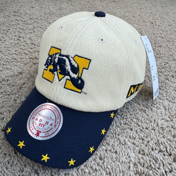 Mitchell & Ness Other - Michigan Wolverines Dune Hat Mitchell & Ness Adjustable Stone Navy Dad Fit Cap
